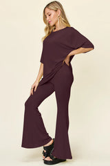 Double Take Full Size Round Neck Drop Shoulder T-Shirt and Flare Pants Set - kinko