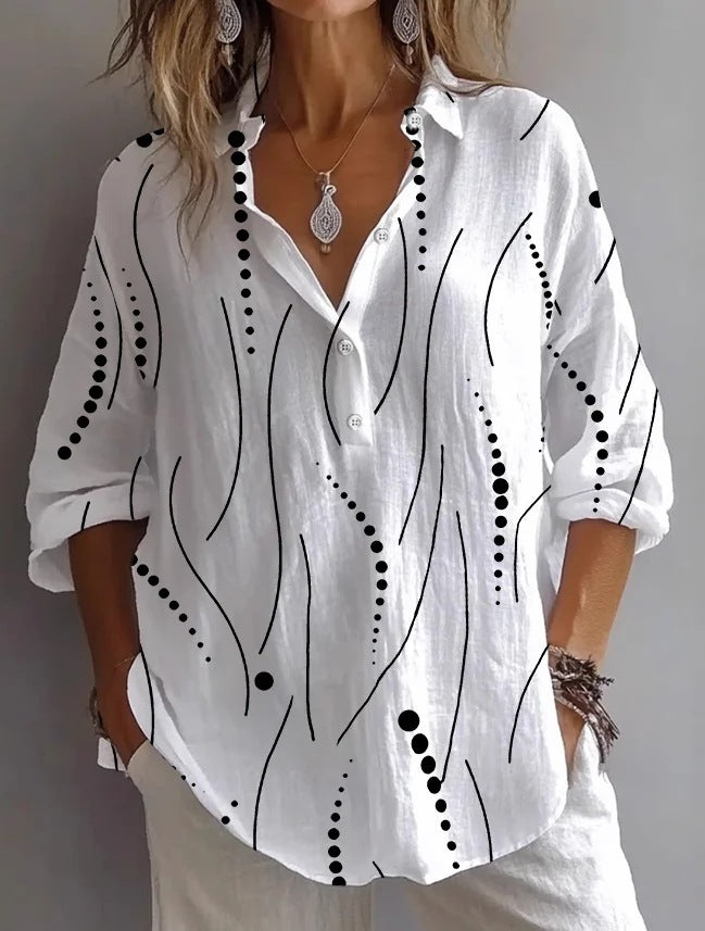 Fashion Printing Lapel Long Sleeve Shirt Top - kinko