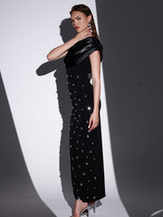 Off-shoulder Diamond Black Evening Dress - kinko