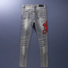 Worn Looking Washed-out Hole Patch Trendy Brand Embroidered Slim Fit Jeans - kinko