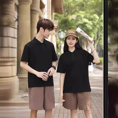 Solid Color Polo Collar Polo Shirt Hong Kong Style Loose Short Sleeve - kinko