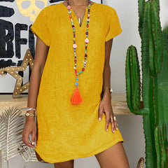 Womens Summer Casual Solid Color V Neck Short Sleeve Dresses Boho Beach Sundresses - kinko