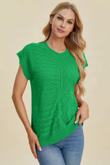Double Take Full Size Cable-Knit Round Neck Cap Sleeve Sweater - kinko