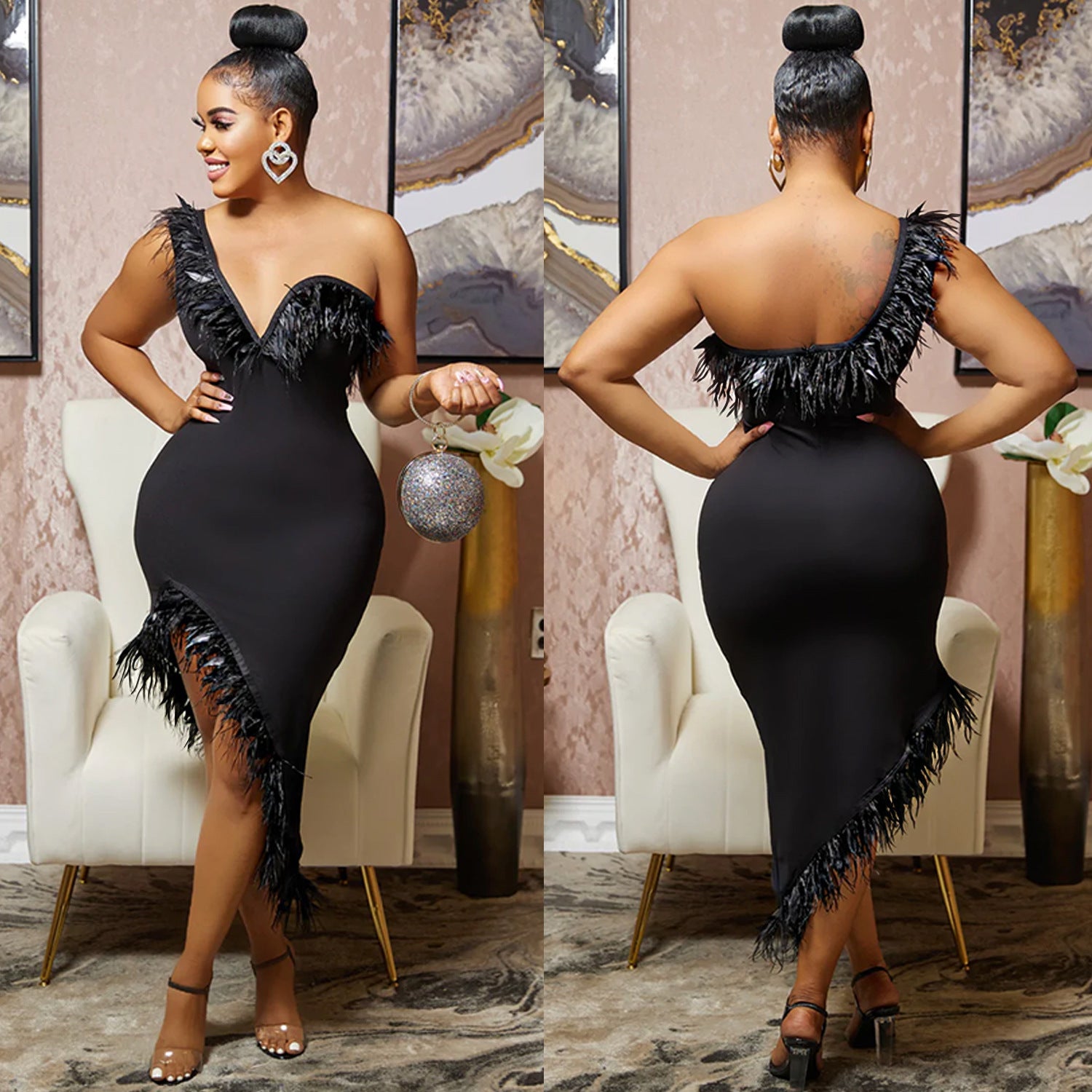 V-neck Sleeveless Chest Feather Irregular Midi Dress - kinko