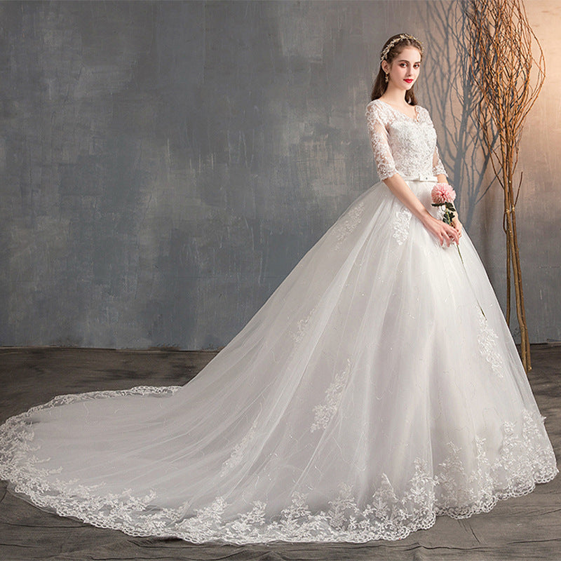 Wedding Dress Trailing Deep V Neck Lace High Waist Wedding Dress Long Sleeves - kinko