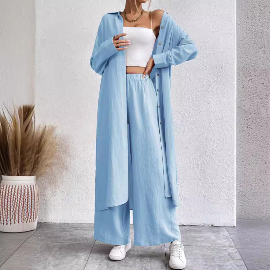 Plus Size Loose Long Shirt Wide Leg Pants Two-piece Set - kinko