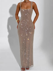 Sexy Double-shoulder Strap Sequins Net Drill Suspenders Dress - kinko