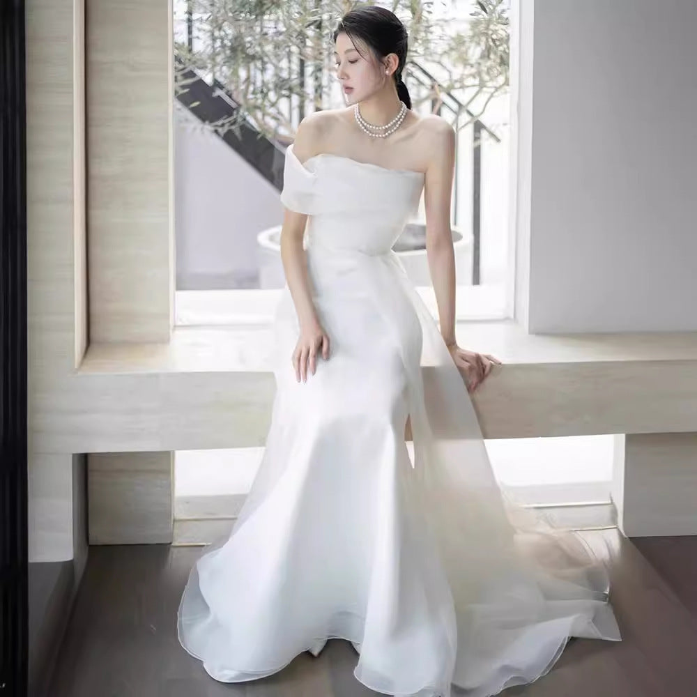 French Off-shoulder Light Wedding Dress Bride - kinko
