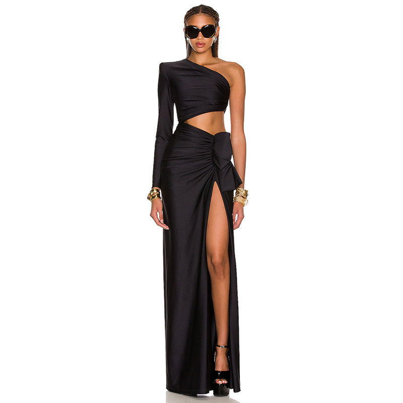 Women's Long Sleeved Hollow Slit Elastic Sloping Shoulder Dress - kinko
