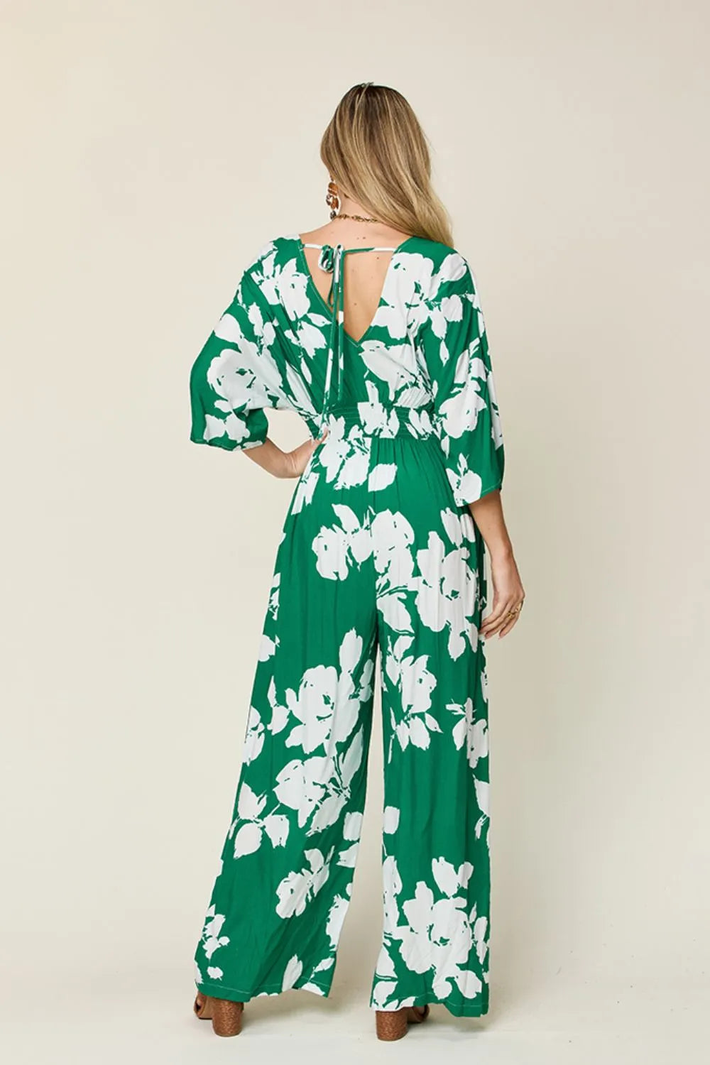 Double Take Full Size Printed Tie Back Wide Leg Jumpsuit - kinko
