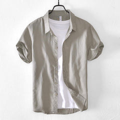 Casual Cotton And Linen Short Sleeve Shirt Men - kinko