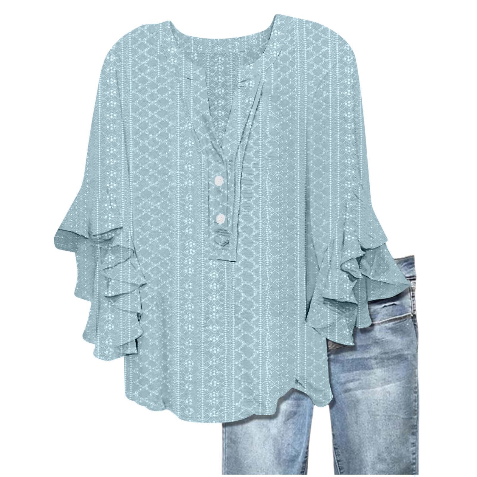 Printed Casual Trend V-neck Flounce Sleeve T-shirt - kinko