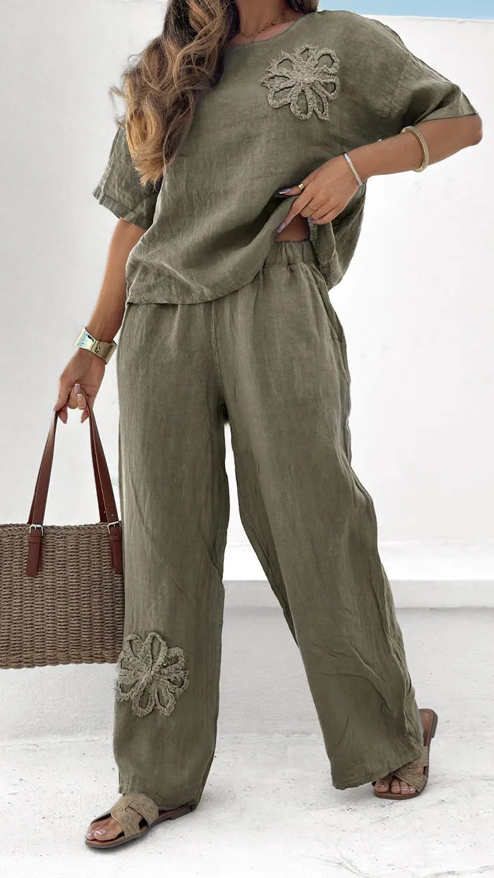 Women's 2-piece Set Plus Size Embroidered Leisure Suit High Waist Loose Trousers - kinko