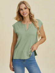 Double Take Full Size Notched Cap Sleeve Knit Top - kinko