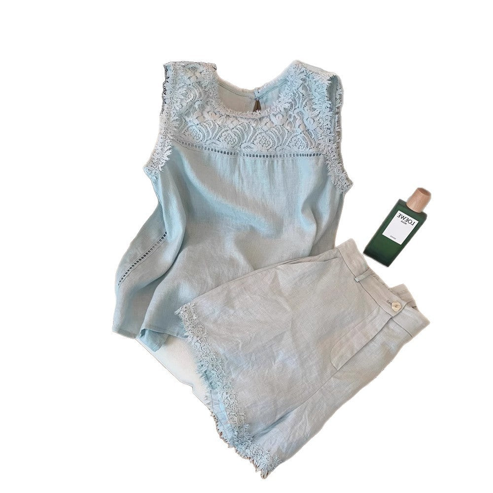 Lace Stitching Sleeveless Cotton And Linen Suit Women - kinko