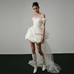 Off-shoulder Light Wedding Dress White Short - kinko