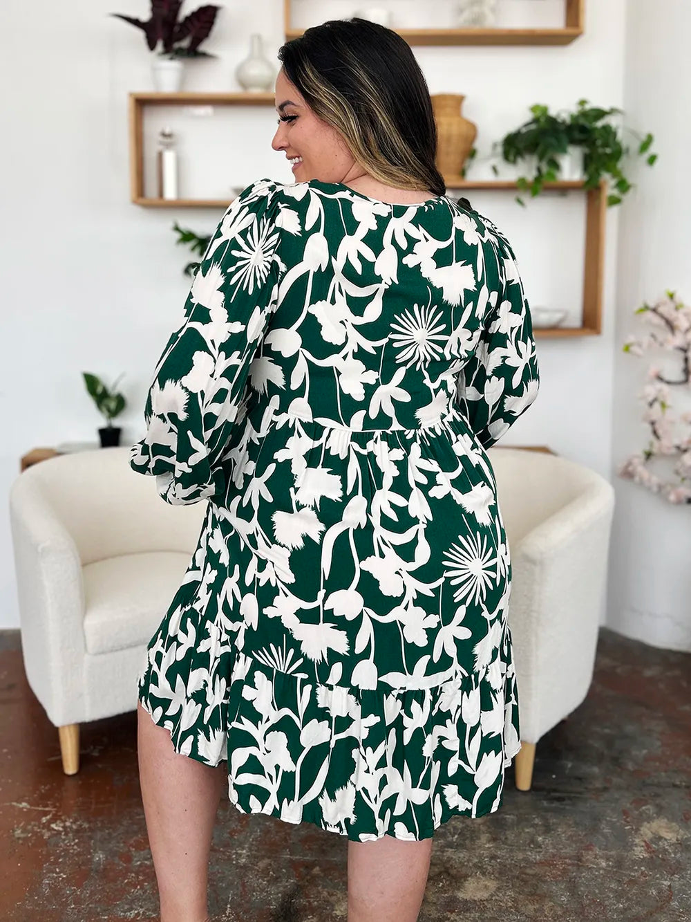 Double Take Full Size Printed Ruffle Hem Dress with Pocket - kinko