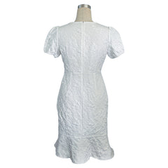 Women's Floral Jacquard Dress Women's Short Puff Sleeve Crew Neck Ruffle Hem Bodycon Dresses - kinko