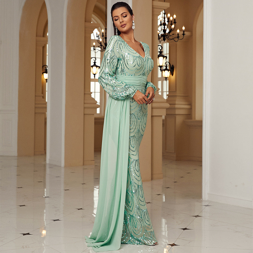Long Sleeve Sexy Long Sequined V-neck Banquet Ribbon Evening Dress - kinko