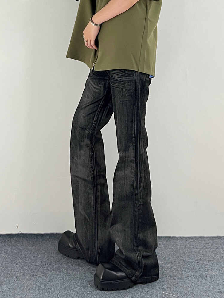 Washed Black Jeans Men's Straight Bootcut Trousers - kinko