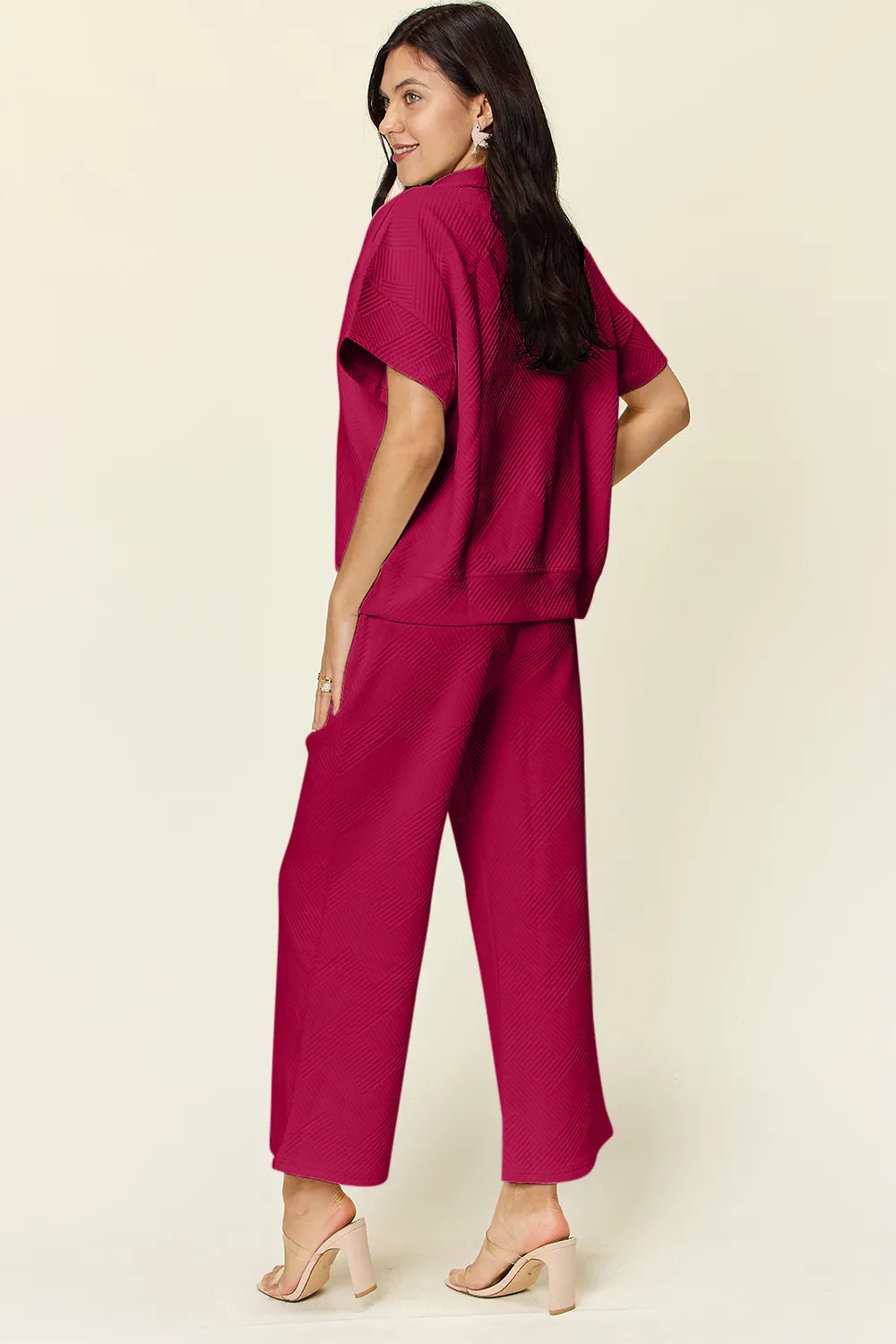 Double Take Full Size Texture Half Zip Short Sleeve Top and Pants Set - kinko