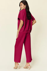 Double Take Full Size Texture Half Zip Short Sleeve Top and Pants Set - kinko