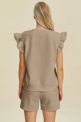 Double Take Full Size Texture Round Neck Ruffle Sleeve Top and Shorts Set - kinko