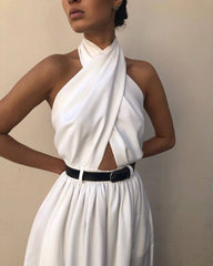 Polyester Women's Sexy Sleeveless Halter Backless Jumpsuit - kinko