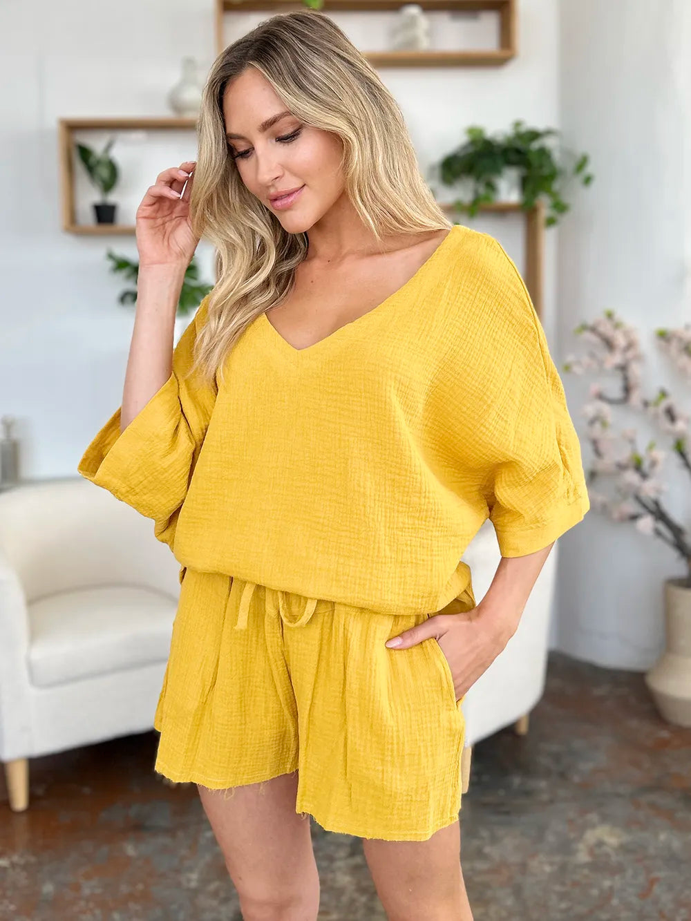 Double Take Texture Half Sleeve T-Shirt and Drawstring Shorts Set - kinko