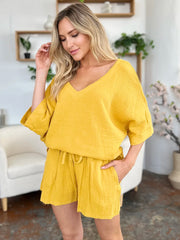 Double Take Texture Half Sleeve T-Shirt and Drawstring Shorts Set - kinko