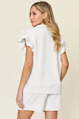 Double Take Full Size Texture Flounce Sleeve Top and Drawstring Shorts Set - kinko