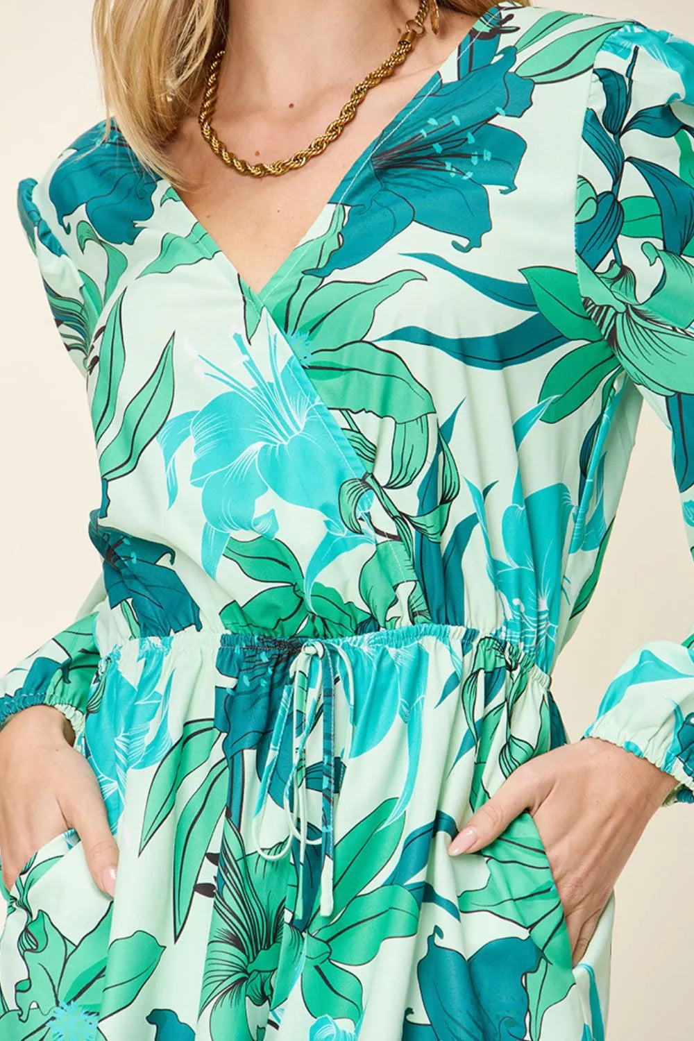 Double Take Full Size Floral Long Sleeve Romper with Pockets - kinko