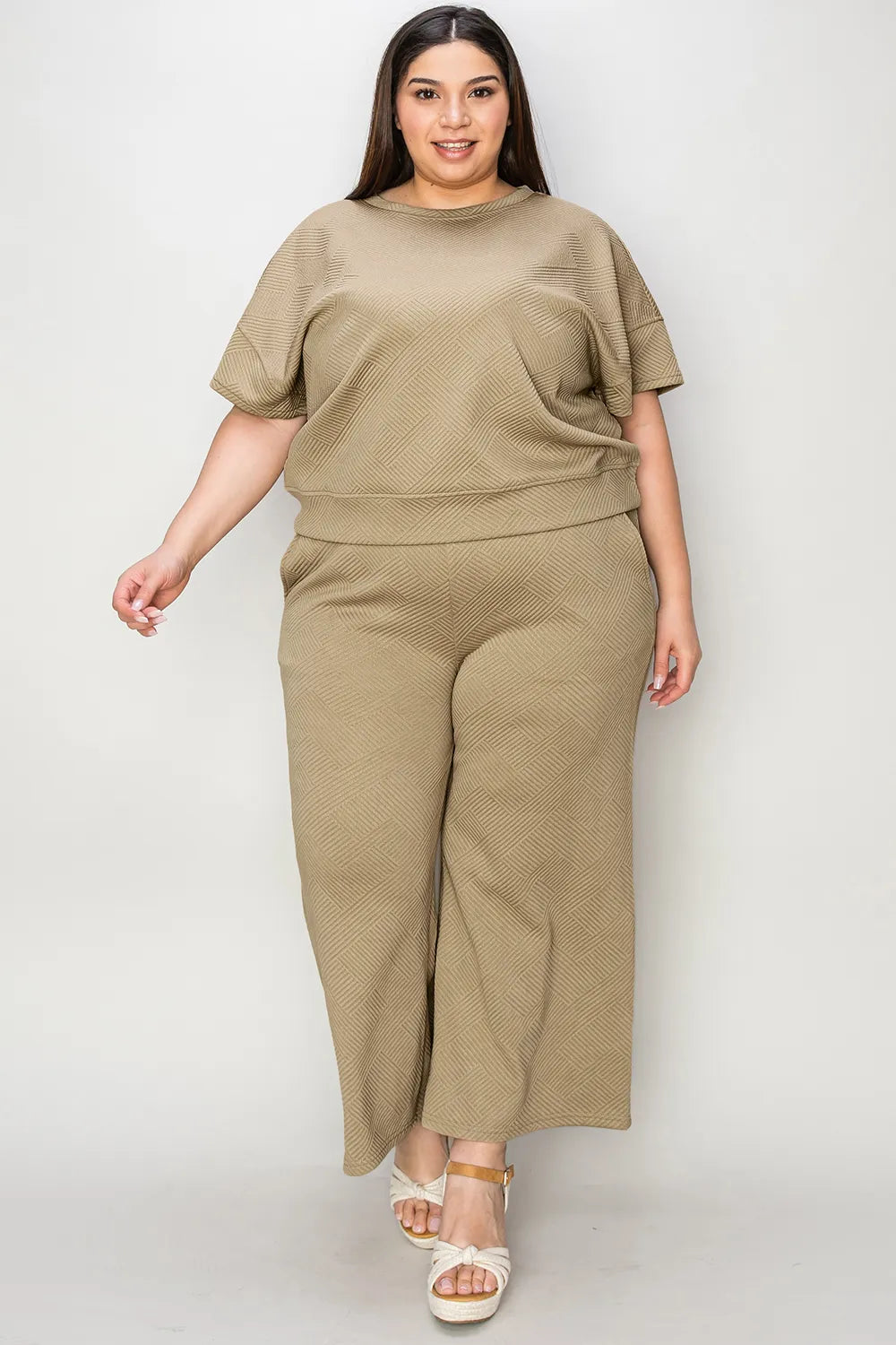 Double Take Full Size Texture Short Sleeve Top and Pants Set - kinko