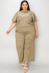 Double Take Full Size Texture Short Sleeve Top and Pants Set - kinko