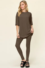 Double Take Full Size Round Neck Dropped Shoulder T-Shirt and Leggings Set - kinko