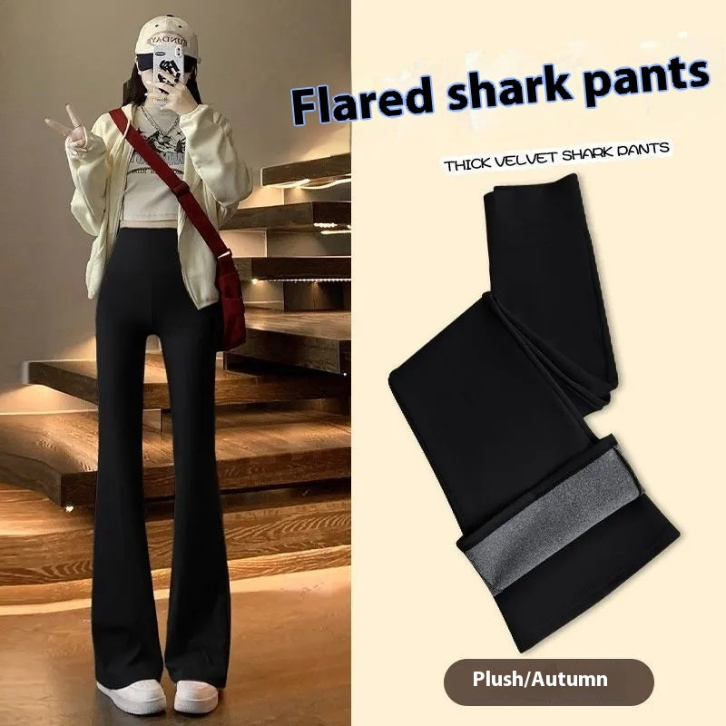 Fleece-lined Thick Shark Pants High Waisted Tuck Pants Slimming And Tight Yoga Pants - kinko