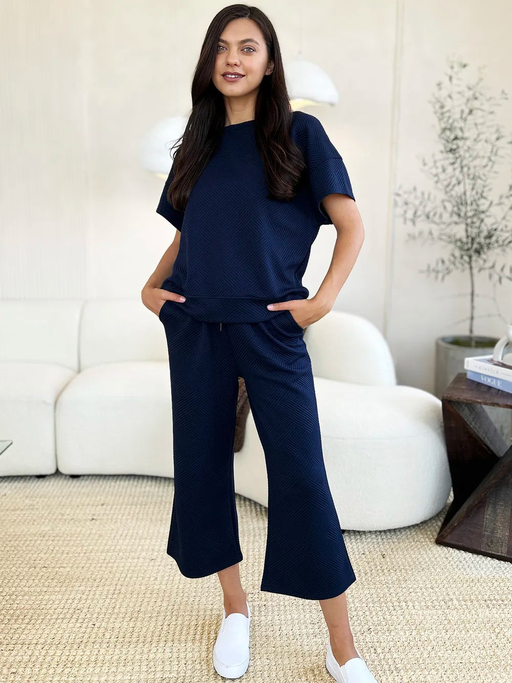 Double Take Full Size Texture Short Sleeve Top and Pants Set - kinko