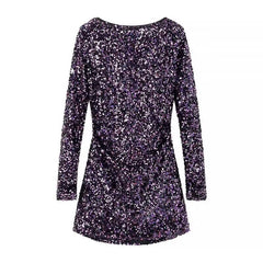 French Style Retro Crew Neck Long Sleeve Sequined Backless Dress - kinko