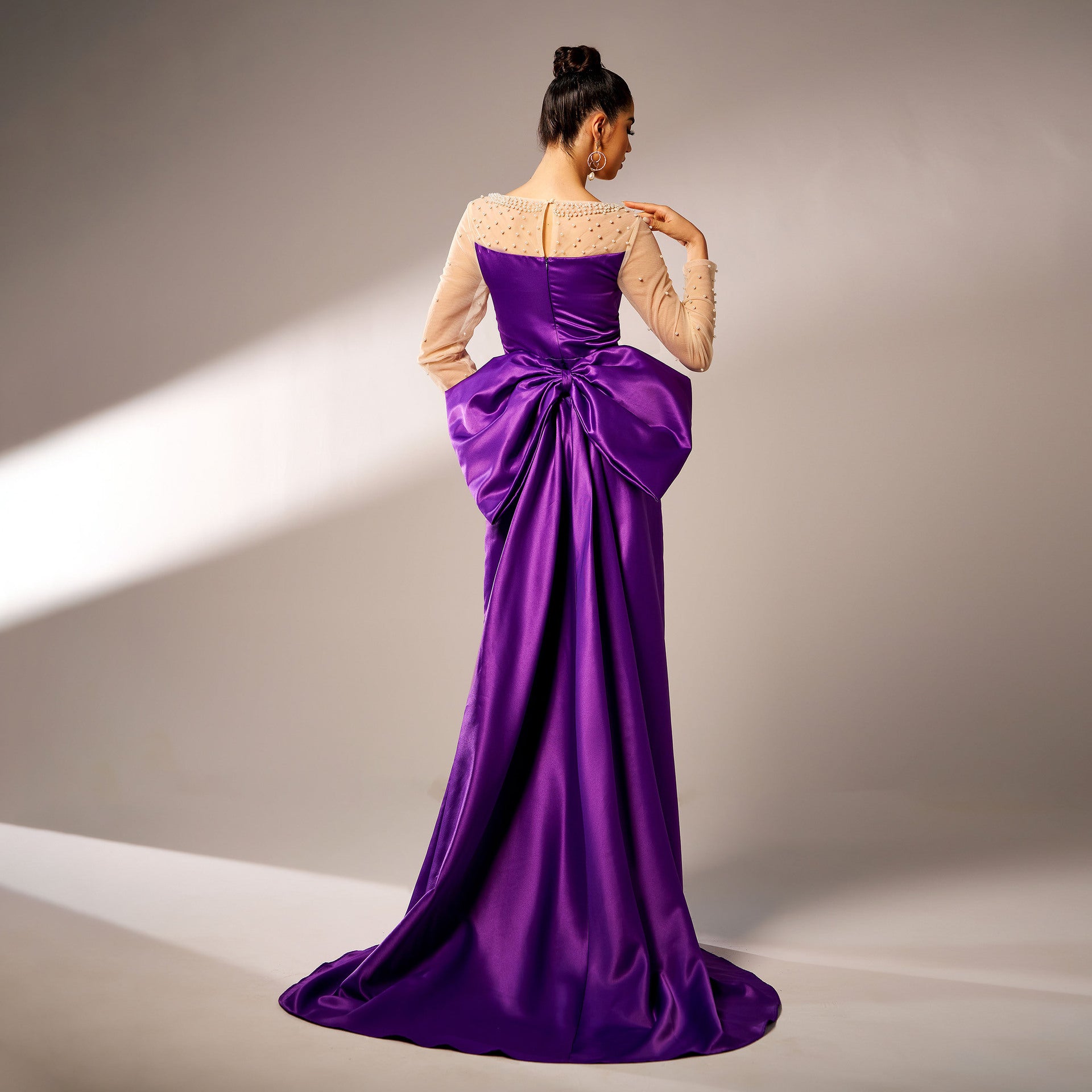 Long Sleeve Round Neck Party Beaded Big Bow Evening Dress - kinko