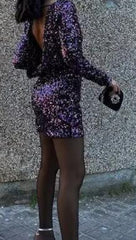 French Style Retro Crew Neck Long Sleeve Sequined Backless Dress - kinko