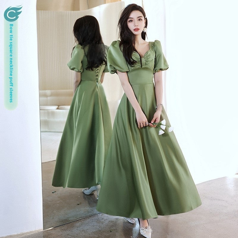 2024 Avocado Green Sisters Group Dress Skirt Women Satin Spring - kinko