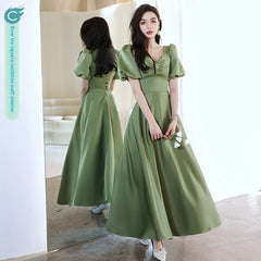 2024 Avocado Green Sisters Group Dress Skirt Women Satin Spring - kinko