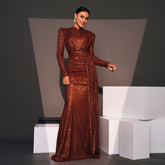Long Sleeve Round Neck Sexy Slim Long Sequined Banquet Dress - kinko