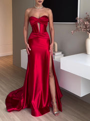 Tube Top Slit Red Extra Long Evening Dress - kinko