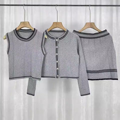 Classic Style Knitted Long Sleeve Cardigan Coat Inner Vest Women's Autumn Skirt Three-piece Set - kinko