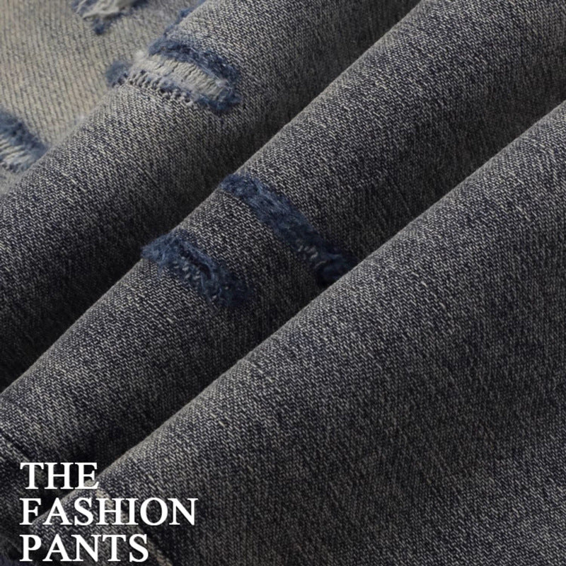 Worn Looking Washed-out Hole Patch Trendy Brand Embroidered Slim Fit Jeans - kinko