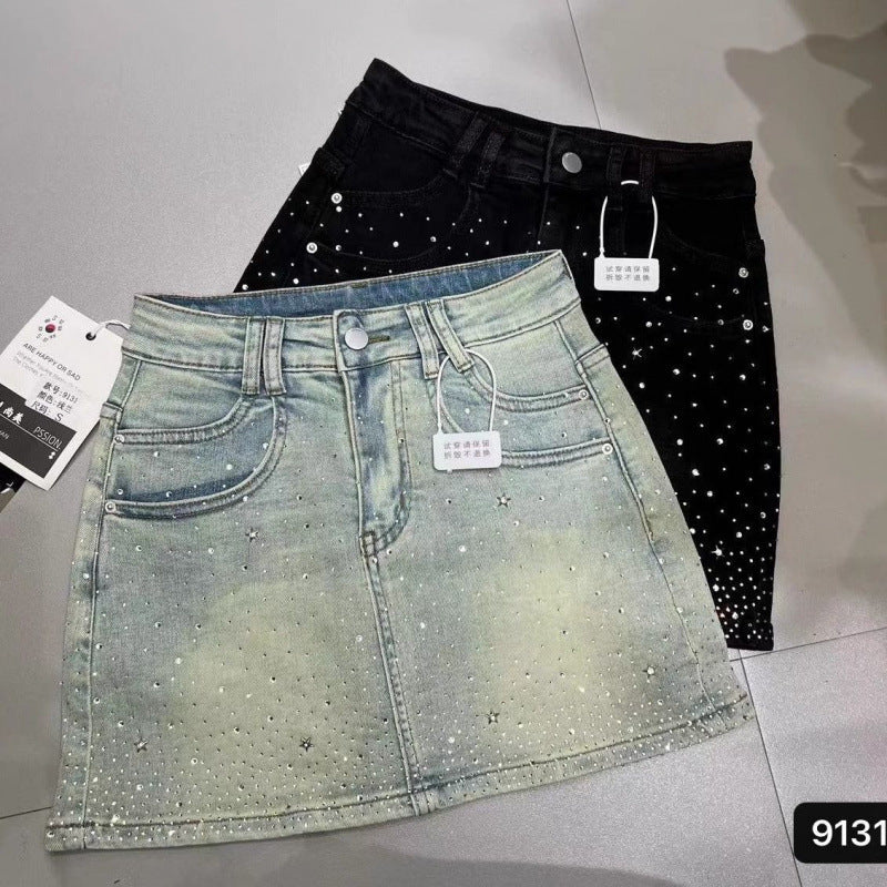 Retro Rhinestone Bright Star River Slim-fit Slimming Denim Skirt - kinko