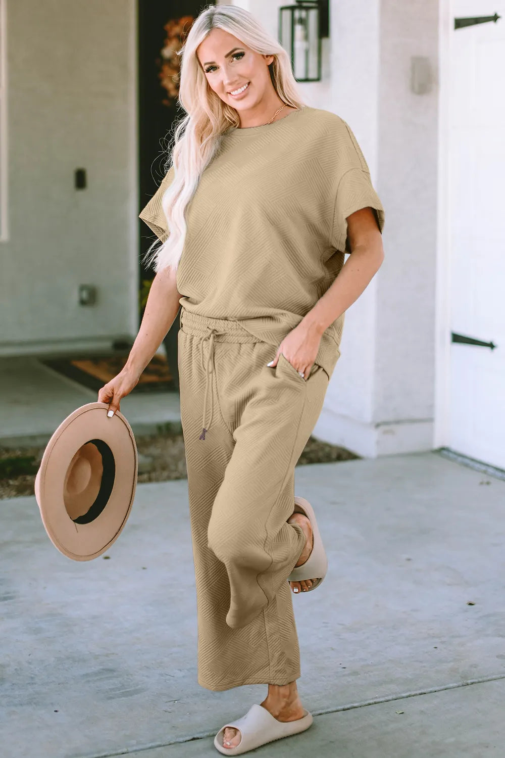 Double Take Full Size Texture Short Sleeve Top and Pants Set - kinko