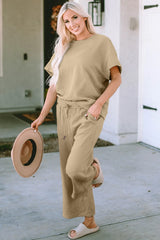 Double Take Full Size Texture Short Sleeve Top and Pants Set - kinko