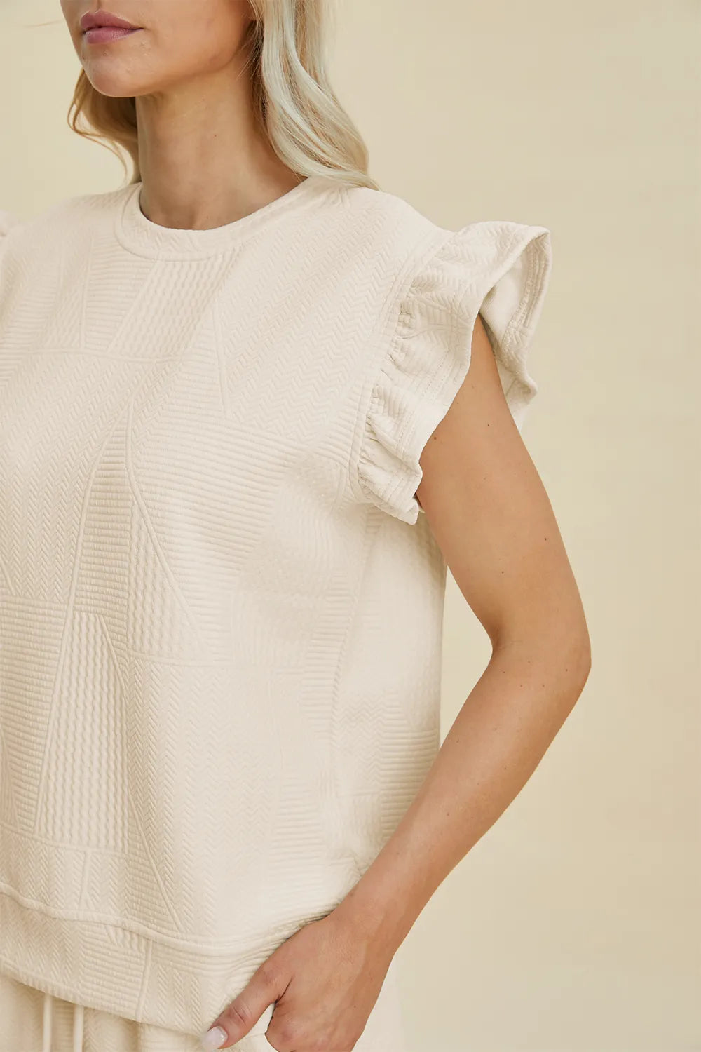 Double Take Full Size Texture Round Neck Ruffle Sleeve Top and Shorts Set - kinko